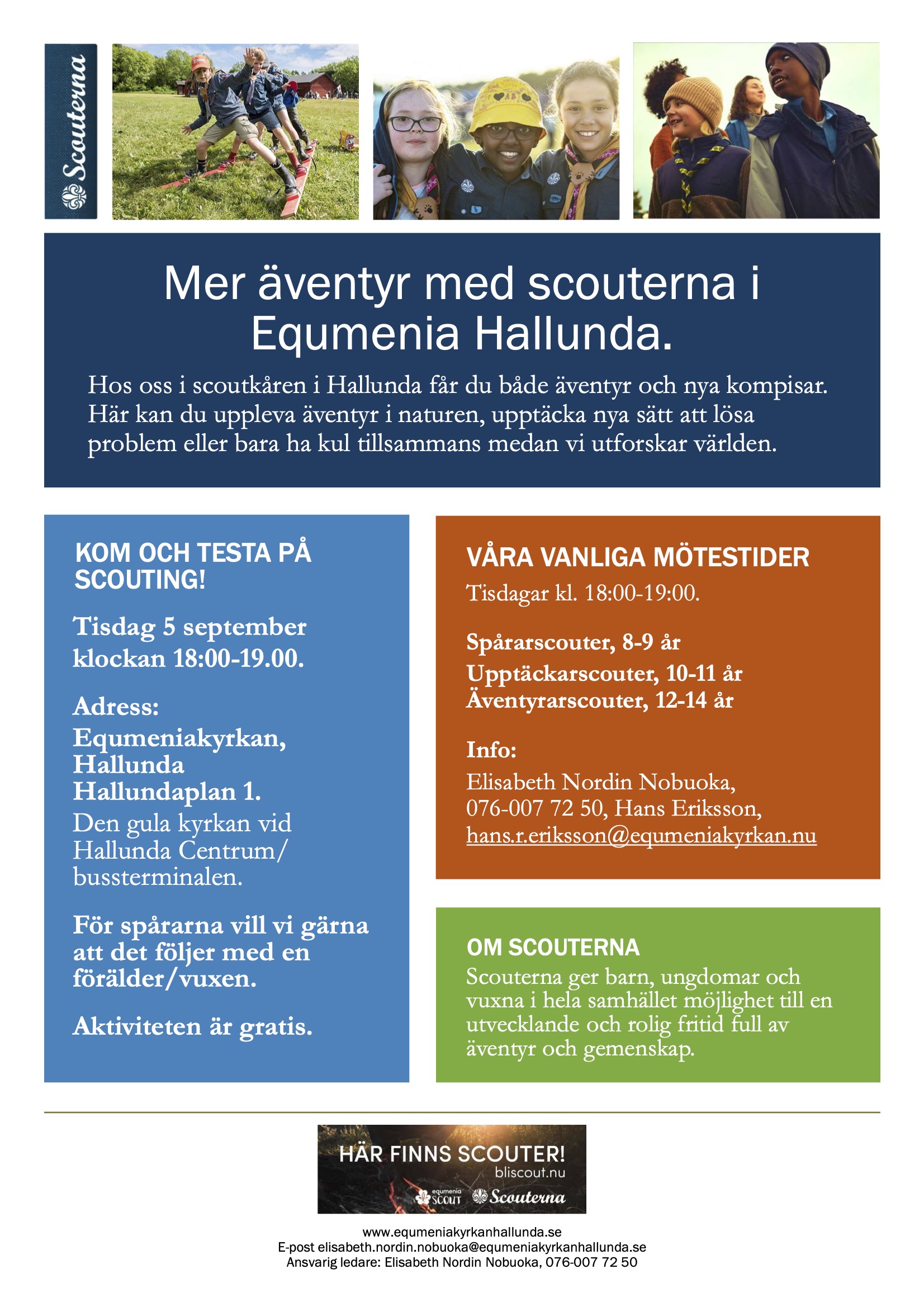 Välkommen till Equmeniascout Hallunda hösten 2023! Affisch med text som återfinns i ren text i artikeln.